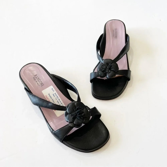 Rangoni Dalma Black Napa Leather Sandals Floral Mini Wedge Women’s Size 7.5 $170 - Picture 11 of 12